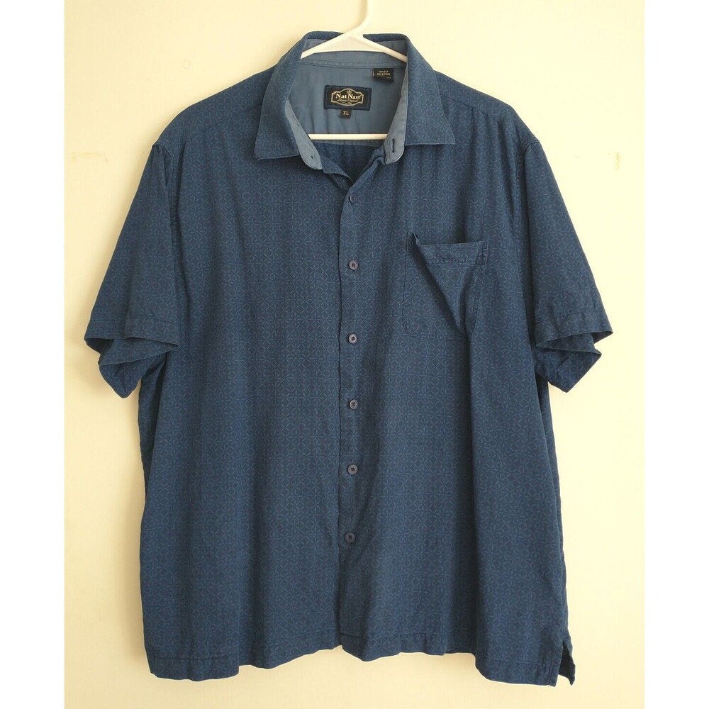 NatNast Luxury Originals Men Button Up Shirt XL Blue Geometric Silk Blend Casual